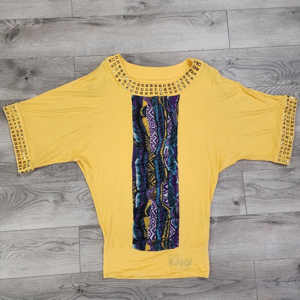 VTG COOGI Women‎ Top Tunic Size L Colorful Yellow  Purple Gold Embroidered Logo